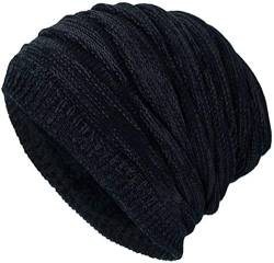 Kuyou Winter Beanie Mütze Slouch Strickmütze mit warmem Fleece Innenfutter (Schwarz) von KUYOU