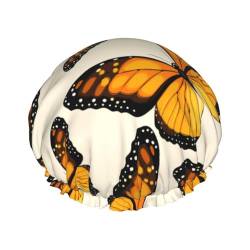 Wasserdichte Duschhaube, kompatibel mit Tropical Orange Monarch Butterfly, wiederverwendbare Duschhaube für Frauen, elastische Bade-Duschmütze, DoubleBathing-Haarhaube, Duschhaar-Badehaube von KWQDOZF
