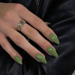 Feder Oliv Grün Drücken Sie auf Nägel Mandel,KXAMELIE Nägel Aufkleben Mittel Acryl Nägel Reine Glänzend Falsche Green Almond Fingernägel Nägel Langlebiger zum Aufkleben von KXAMELIE