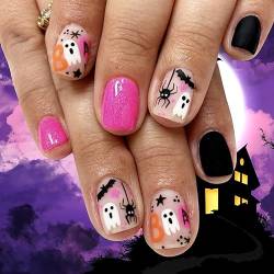 Halloween Nägel Press kurze Quadrat Nägel heiße Pink, KXAMELIE Acryl Nägel Klebestreifen mit Geist Design, Soft Gel Nägel stark Press ons, Fake Nägel für Mädchen auf Nägel für Frauen in 24PCS von KXAMELIE