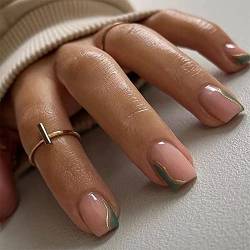 Kurz Quadrat Grün Französisch Nägel zum Aufkleben mit Goldene Linie,KXAMELIE Drücken Sie auf Nägel mit Designs Acryl-Künstliche Nägel für Frauen und Mädchen Tägliche Nutzung 24 Stück von KXAMELIE