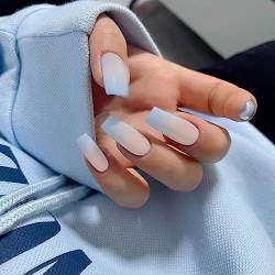 Lang Nägel zum Aufkleben Sarg,KXAMELIE Farbverlauf Licht Blau Einfache Falsche Nägel Full Cover Gel Undurchsichtig Acryl Nägels Einfach Einfache Mani für Frauen und Mädchen Tägliche Arbeit von KXAMELIE