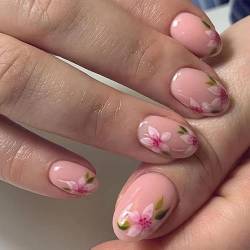 Sommer Blumen Oval Drücken Sie auf Nägel kurz, Niedliches Blumendesign Kleber auf Nägel Press-Ons, Kurze gefälschte Nägel Mandel, Aufkleben auf Nägel für Frauen und Mädchen in 24 STÜCKE von KXAMELIE