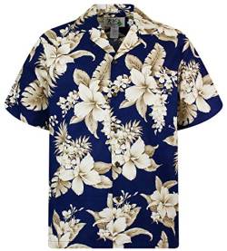 KY's Original Hawaiihemd, Kurzarm, Goldbraune Blume NEU, Blau, L von KY's