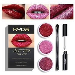 KYDA 3 Farben Glitter Lip Kit, Diamond Metallic Hochwertiges Puder für Lippenkosmetik, Glitter Lips Makeup, mit Lip Primer und Pinsel, langanhaltend, tierversuchsfrei (Set A) von KYDA