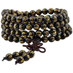 KYEYGWO 108 Gebet Mala Perlen Armband für Damen Herren, 6mm Tibetisch-buddhistischen 7 Chakra Heilstein Halskette für Unisex, Schwarzer Achat von KYEYGWO