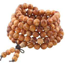 KYEYGWO 108 Natürlich Holz 8mm Mala Perlen Armband für Damen Herren, Meditation Gebet Wickelarmbänder Tibetisch-buddhistischen Stretch-Armbänder Halskette von KYEYGWO