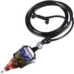 KYEYGWO 7 Chakra Stein Sechseckiger Kristall Anhänger Halskette mit Einstellbare Lederseil, Polierte Quarz Spitz Stein Heilung Reiki Pendel Kette von KYEYGWO