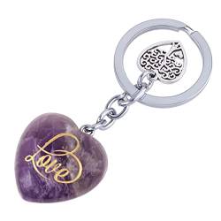 KYEYGWO Amethyst Heilung Kristall Herz Schlüsselanhänger mit Love Geschnitzte, Baum des Lebens Schlüsselring Deko Herzform Stein Taschenanhänger Leibe Anhänger für Damen und Herren von KYEYGWO