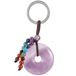 KYEYGWO Amethyst Kristall Friedensschnalle Schlüsselanhänger für Unisex, 7 Chakra Stein Schlüsselring Deko Runde Taschenanhänger Heilstein Donut Anhänger für Amulett und Glücksbringer von KYEYGWO