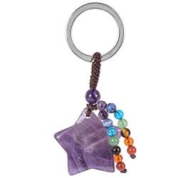 KYEYGWO Amethyst Kristall Sterne Schlüsselanhänger für Unisex, 7 Chakra Stein Schlüsselring Deko Heilstein Pentagramm Taschenanhänger Glücksstern Anhänger für Schlüsselband Schlüsselbund von KYEYGWO