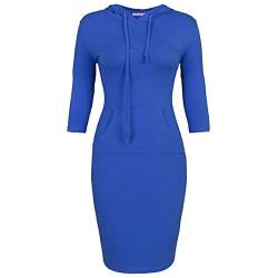 KYEYGWO Blau Damen Baumwolle Kapuzenpullover Kleid mit Tasches, Frauen 3/4 Ärmel Sweatshirt Hoodie Pulloverkleid Einfarbig Slim Fit Kleider Frühling Herbst Winter Freizeitkleid, XXL von KYEYGWO