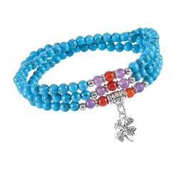 KYEYGWO Blau Howlith Türkis Kleeblatt Kristall Perlen Armband für Unisex, Buddhistischer Halsketten Chakra Armbänder Edelstein Wickelarmband Glücksbringer Perlenketten Segen Schmuck von KYEYGWO