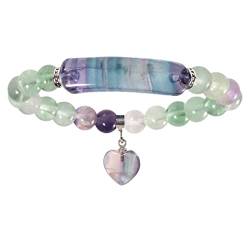 KYEYGWO Fluorite 8mm Kristall Stein Perlen Armband für Unisex, Elastisches Chakra Armband mit Herzform Anhänger für Yoga Reiki von KYEYGWO