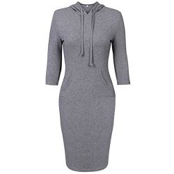 KYEYGWO Grau Damen Baumwolle Kapuzenpullover Kleid mit Tasches, Frauen 3/4 Ärmel Sweatshirt Hoodie Pulloverkleid Einfarbig Slim Fit Kleider Frühling Herbst Winter Freizeitkleid, XXL von KYEYGWO