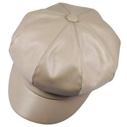 KYEYGWO PU Leder Zeitungsjunge Baskenmütze für Damen, 8 Panels Schirmmütze Newsboy Barett Hut Maler Kappe, Herbst Winter Cabbie Cap, Beige von KYEYGWO