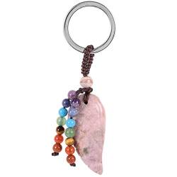 KYEYGWO Rhodonit Heilung Kristall Engelsflügel Schlüsselanhänger für Unisex, 7 Chakra Stein Schlüsselring Deko Heilstein Flügel Taschenanhänger Glücksbringer Anhänger für Schlüsselband von KYEYGWO