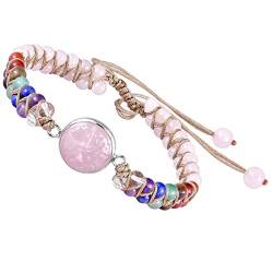 KYEYGWO Rosenquarz Kristall Baum des Lebens Armband für Damen und Herren, Einstellbare Doppelt Geflochtenes Armbänder 7 Chakra Stein Perlenarmband Yoga-Armband Edelstein Schmuck von KYEYGWO