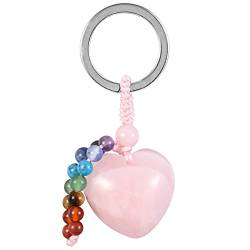 KYEYGWO Rosenquarz Kristall Herz Schlüsselanhänger für Unisex, 7 Chakra Stein Schlüsselring Deko Herzform Edelstein Taschenanhänger Leibe Anhänger für Schlüsselband Schlüsselbund Schlüsselkette von KYEYGWO