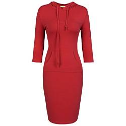 KYEYGWO Rot Damen Baumwolle Kapuzenpullover Kleid mit Tasches, Frauen 3/4 Ärmel Sweatshirt Hoodie Pulloverkleid Einfarbig Slim Fit Kleider Frühling Herbst Winter Freizeitkleid，L von KYEYGWO