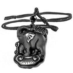 KYEYGWO Schwarze Obsidian Kristall Stein Anhänger Halskette für Unisex Healing Lucky Elephant Necklace für Reiki mit verstellbarem Seil, 66 cm-70 cm von KYEYGWO