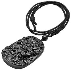 KYEYGWO Schwarzer Obsidian Kristall Stein Anhänger Halskette für Unisex Healing Lucky Dragon Halskette für Schutz Reiki mit verstellbarem Seil, 66 cm-70 cm von KYEYGWO