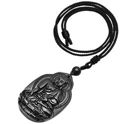 KYEYGWO Schwarzer Obsidian Kristall Stein Anhänger Halskette für Unisex Healing Lucky Sakyamuni Buddha Halskette für Schutz Reiki mit verstellbarem Seil, 66 cm-70 cm von KYEYGWO
