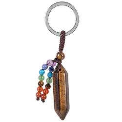 KYEYGWO Tigerauge Heilstein Punkt Schlüsselanhänger für Damen und Herren, 7 Chakra Kristall Sechseckiger Schlüsselring Deko Reiki Pendel Taschenanhänger Edelstein Hexagon Anhänger von KYEYGWO