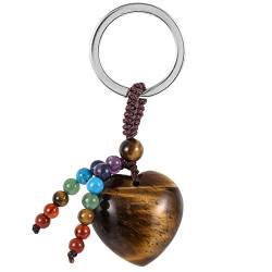 KYEYGWO Tigerauge Kristall Herz Schlüsselanhänger für Unisex, 7 Chakra Stein Schlüsselring Deko Herzform Edelstein Taschenanhänger Leibe Anhänger für Schlüsselband Schlüsselbund Schlüsselkette von KYEYGWO