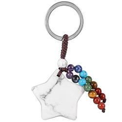 KYEYGWO Weiß Howlith Türkis Kristall Sterne Schlüsselanhänger für Unisex, 7 Chakra Stein Schlüsselring Deko Heilstein Pentagramm Taschenanhänger Glücksstern Anhänger für Schlüsselband Schlüsselbund von KYEYGWO