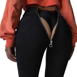 KYZTMHC Jeans mit Reißverschluss hinten for Damen, dünne Bleistift-Jeanshose, Stretch-Jeggings, hohe Taille, schmale Hose, schmal zulaufende Jeans, Streetwear (Color : Black, Size : S) von KYZTMHC