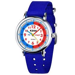 KZKR Kinderuhr Jungen Armbanduhr Nylon Quarz Analog Einfach-Lesen Lernuhr Sportlich Blau Jungenuhr Geschenk Uhr (Blau 3) von KZKR