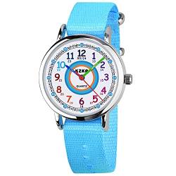 KZKR Kinderuhr Jungen Armbanduhr Nylon Quarz Analog Einfach-Lesen Lernuhr Sportlich Blau Jungenuhr Geschenk Uhr (Hellblau) von KZKR