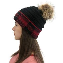 KZXITIRY Damen Bommelmütze Kariert Spleißen Beanie Mütze gefütterte Strickmütze mit Fell-Bommel Kunstfell Winter Mütze Bequem Pudelmütze Laufmütze von KZXITIRY