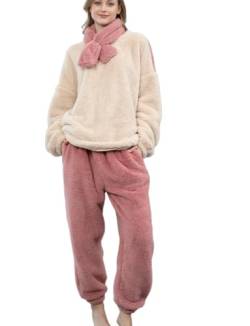 KaRFRi Damen-Winter-warmes Flanell-Pyjama-Set mit Langen Ärmeln und Langen Hosen, zweiteiliges Schal-Set, Rundhals-Flanell-Freizeitanzug, Polar-Pyjama, Polar-Fleece-Heimkleidung(XL, Beige) von KaRFRi