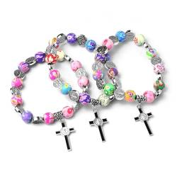 KaTiak Rosenkranz, 3 Stück bunte Rosenkranz-Perlen-Stretch-Armbänder mit Kreuz-Anhänger, handgefertigter Glaubensgebet-Schmuck von KaTiak