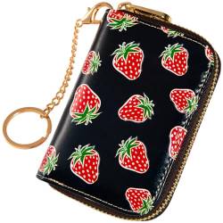 Kreditkartenetui für Damen, RFID-Kartenhalter, schmales Lederetui mit Reißverschluss, kleine Geldbörse für Damen, Rote Erdbeeren, Small, Amerikanisch, klassisch, minimalistisch, modern von Kaabao