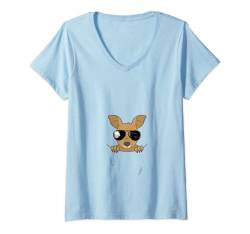 Damen Känguru Baby im Beutel mit cooler Sonnenbrille T-Shirt mit V-Ausschnitt von Känguru Baby im Beutel mit cooler Sonnenbrille