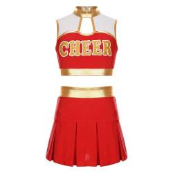 Kaerm Cheerleading Kostüm Mädchen Cheer Leader Outfit Metallic Crop Top V-Ausschnitt Oberteil Bauchfrei Stretch Faltenrock Minirock Sommerrock Tanzkostüm Rot C 146-152 von Kaerm