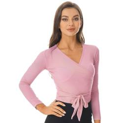 Kaerm Damen Ballett Wickeljacke Gymnastik Tanz Ballettjacke Lange Ärmel Tanz Jäckchen V-Ausschnitt Cardigan Tanz Wickeltop für Frauen Gr. S-XXL Rosa S von Kaerm