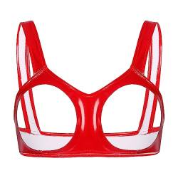 Kaerm Damen Wetlook Leder Ouvert BH Offene Brüste Cups Neckholder Bikini Oberteil Kurz Bauchfrei Metallic Glitzer Straps Bra Strappy Bralette Reizwäsche Z Rot 3XL von Kaerm