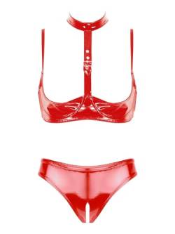 Kaerm Damen Wetlook Ouvert Dessous Set Lack Leder Hebe BH Offene Brüste Cups Push Up High Cut Thong Bikini Hose String Sexy Offen Reizwäsche A Rot 4XL von Kaerm