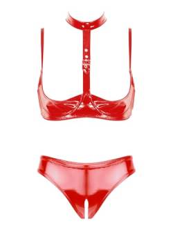 Kaerm Damen Wetlook Ouvert Dessous Set Lack Leder Hebe BH Offene Brüste Cups Push Up High Cut Thong Bikini Hose String Sexy Offen Reizwäsche A Rot L von Kaerm