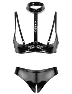 Kaerm Damen Wetlook Ouvert Dessous Set Lack Leder Hebe BH Offene Brüste Cups Push Up High Cut Thong Bikini Hose String Sexy Offen Reizwäsche Schwarz B M von Kaerm