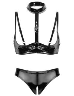 Kaerm Damen Wetlook Ouvert Dessous Set Lack Leder Hebe BH Offene Brüste Cups Push Up High Cut Thong Bikini Hose String Sexy Offen Reizwäsche Schwarz B S von Kaerm