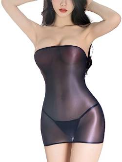 Kaerm Glossy Kleid Damen Sexy Kurz Bandeau Kleid Eng Stretch Halb Transparent Minikleid Bodycon Dessous Kleid Schulterfrei Gogo Tanz Rave Outfits Schwarz Einheitsgröße von Kaerm