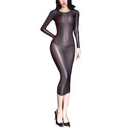 Kaerm Glossy Kleid Damen Transparent Sexy Langarm Maxikleid Bodycon Dessous Öl Glänzend Partykleid Stretch Gogo Rave Outfits Schwarz Einheitsgröße von Kaerm