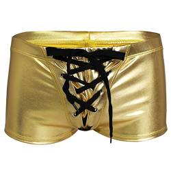 Kaerm Herren Boxershorts Metallic Glitzer Unterhose Slip Pants Erotisch Nachtwäsche Hipster Mit Schnürung Wetlook Glänzend Männer Unterwäsche Gold L von Kaerm