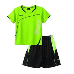 Kaerm Kinder Jungen Fussball Basketball Trainingsanzug Kurzarm Crop Top Rundhals Sportshirt Mit Trainingsshorts Kurze Hose Sportbekleidung Sportswear Leuchtendes Grün 146-152 von Kaerm