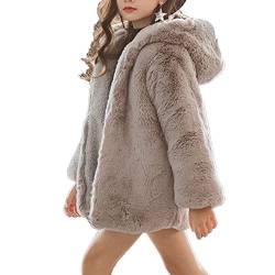 Kaerm Mädchen Fellmantel Winterjacke Kunstpelz Jacke Kinder Herbst Winter Mantel Warm mit Kapuze Langarm Wollmantel Kapuzenjacke Reißverschluss Vorne Grau 146-152 von Kaerm